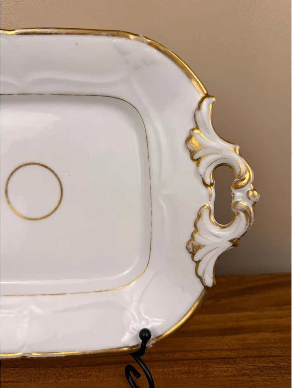 Vintage White Porcelain Serving Tray with Gold Trim and Ornate Handles